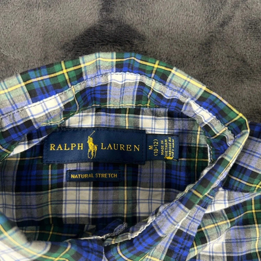 Ralph Lauren Button Down Shirt Kids M 10-12 Blue Green Plaid Natural Stretch